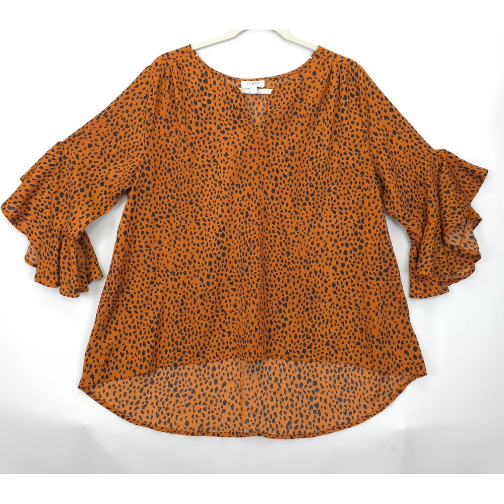 Umgee USA Womens M Ruffle Sleeve Blouse Orange Animal Print High Low Top